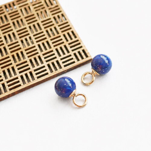 2 pendentifs perle bleu imitation lapis et doré, 15x28 mm. breloques rondes brillantes
