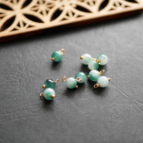 Perles de jade bleu rondes, breloques grelots doré, cloche zen, clochette pour chapelet bleu, 10 perles 6x8mm