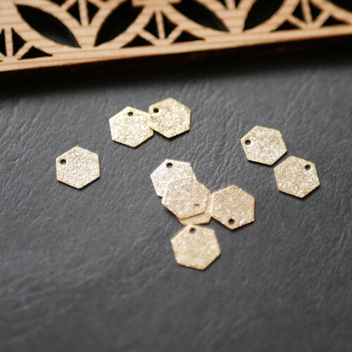 X10 breloque hexagonale pailletée dorée, pendentif forme géométrique à paillette, 9x8mm. perle disco doré.