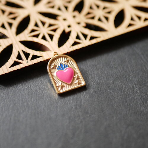 Pendentif rectangle émaillé en acier inoxydable 304 doré, breloque en émail rose avec un coeur sacré. breloque chic pour bijoux, 14x21mm