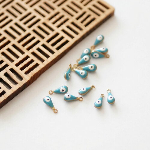 X10 petit goutte en émail bleu cadet, mini goutte doré avec oeil turc, goutte en laiton émaillée, 4x10mm