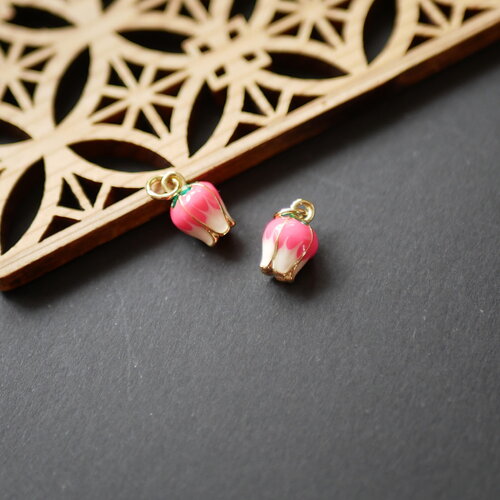 X2 breloque fleur de tulipe en émail rose fluo, pendentif fleur en acier inoxydable 304 et émail, breloque fleur doré et rose, 7x12mm