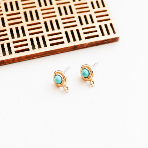 Clous d’oreilles turquoise 10 mm en laiton doré. cabochon acrylique, attache pendentif, style bohème