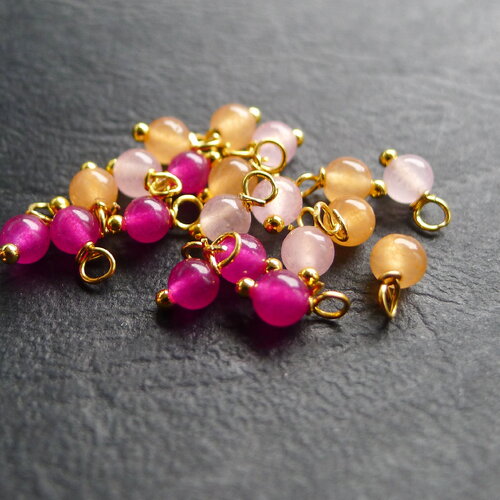 Petites perles de jade rose et orange, breloques grelots doré, cloche zen, clochette pour chapelet rose, 4x8mm, 30 perles