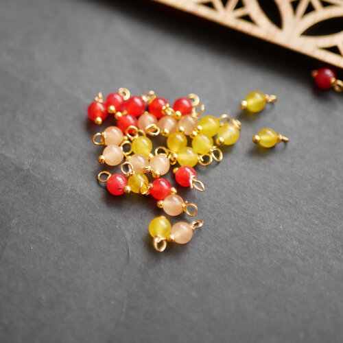 Perles de jade de 4 mm, breloque grelot doré et rouge groseille, orange et jaune, lot de 30 breloques