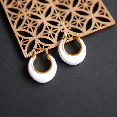Créoles en acier inoxydable avec émail blanc, finition pvd, résistantes à l'eau doré, bijoux résistants à l'eau, 26x28mm