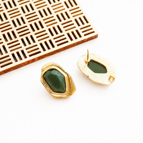 Boucles d’oreilles cabochon acrylique 17x25 mm vert forêt foncé. laiton doré. style organique