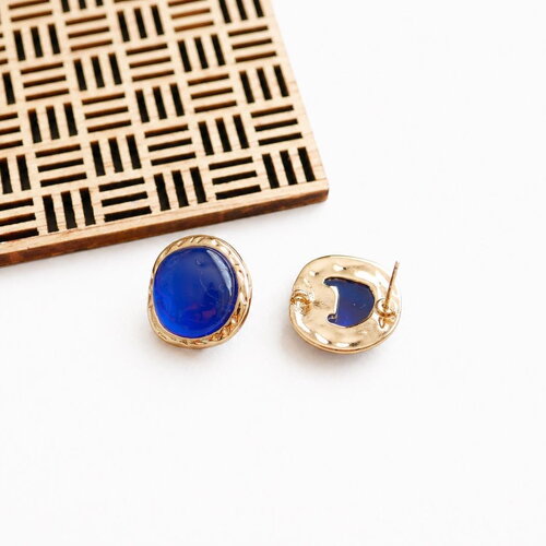 Boucles d’oreilles bleu cobalt 20 mm en laiton doré. cabochon pierre en verre. style organique