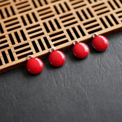 X4 petite breloque en émail rouge, pendentif émaillé argenté et rouge, 10x13mm