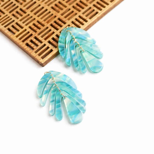 Pendentifs feuilles 30x50mm bleu marbré. lot de 2. breloques acrylique, fournitures bijoux diy