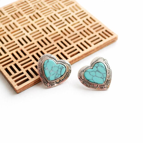 Boucles d’oreilles cœur argenté et howlite turquoise. 25 mm. fournitures création bijoux