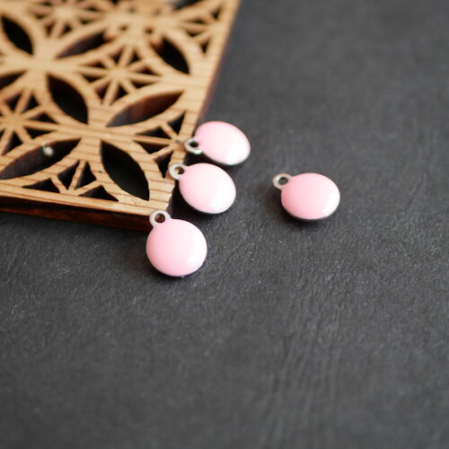 X4 petite breloque en émail rose, sequin rond rose, pendentif émaillé argenté et rose, 10x13mm