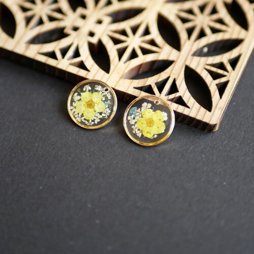 X2 breloques fleurs séchées en résine 14mm. pendentifs ronds dorés bijou floral fait main