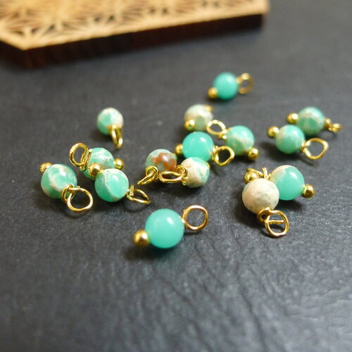 Perles de jaspe bleu turquoise, breloque grelot doré, perles de jaspe impérial, 4x8mm, par 10