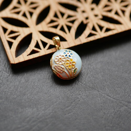 Pendentif médaillon à fleurs en laiton et émail, boîte à prières émaillée, fourniture pour bijou ethnique,pendentif en laiton rond,18x15mm