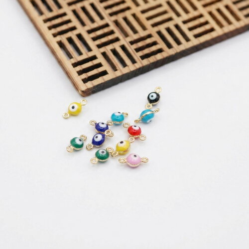 8 connecteurs ronds en émail multicolore mauvais oeil et acier inoxydable doré, 5x9mm