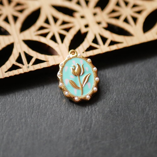 Breloque médaillon ovale avec fleur de tulipe et émail bleu, pendentif fleur en acier inoxydable 304 , breloque fleur doré et bleu, 15x21mm