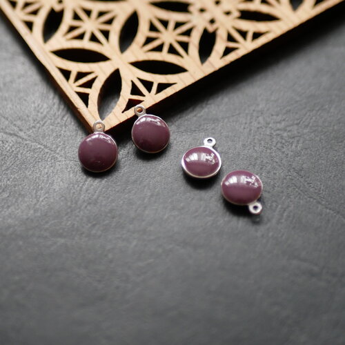 X4 petite breloque en émail violet prune, pendentif émaillé argenté et violet, 10x13mm