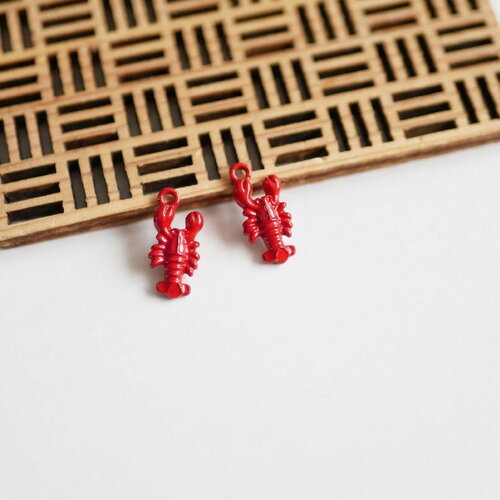 Breloque homard rouge émaillé. 8x19mm. pendentif crustacé pour collier ou boucles d'oreilles. bijou thème marin, 2 pièces