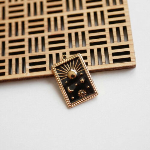 Pendentif tarot soleil et lune en émail noir et acier inoxydable 304 doré. breloque rectangle pour bijou céleste. symbolique astrale.18x28mm