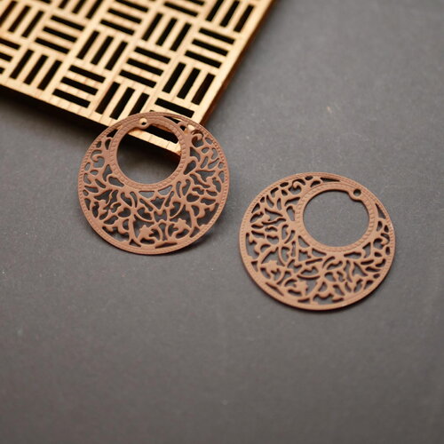 X2 pendentif rond filigrane en laiton marron. connecteurs pour bijoux, fournitures diy, 33mm