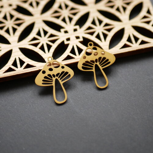 X2 pendentif champignon ajouré en acier inoxydable 201 placage pvd, fourniture bijou en acier inoxydable 201, pendentif automne doré 20x25mm
