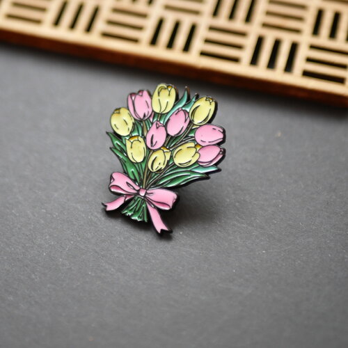Pin's bouquet de tulipes en émail rose et jaune, broche à fleurs en émail, pins en émail tulipe rose, 25x30mm