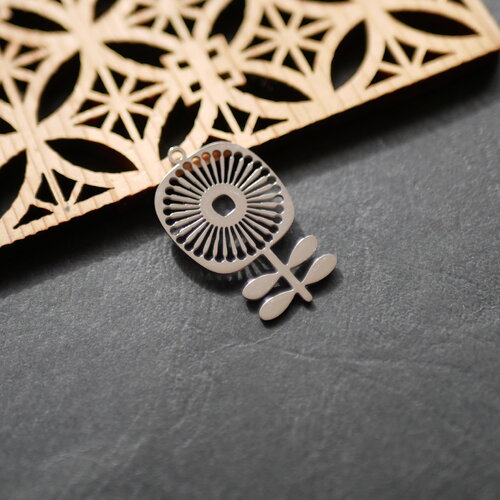 Pendentif fleur en acier inoxydable 201 argenté, fleur découpée au laser, fourniture bijou en acier inoxydable 201, 19x33mm