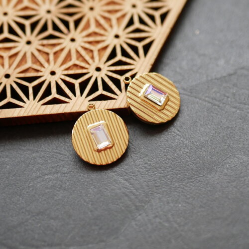 X2 pendentif rond en acier inoxydable 304 doré et strass, fourniture bijou en acier inoxydable 304, breloque rayée en acier doré, 16x19mm