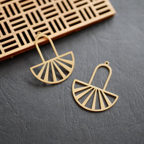 X2 pendentif demi lune ajouré en acier inoxydable, fourniture bijou en acier inoxydable 201, éventail doré 30x35mm