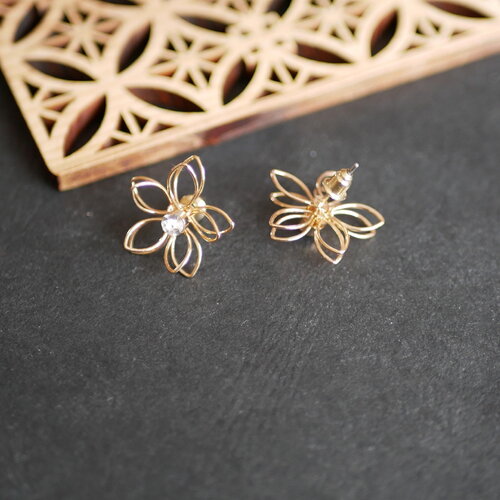 Boucles d'oreilles grosses fleurs doré et strass transparent, puces d'oreilles, grosses boucles d'oreilles à clous, 20mm, 1 paire