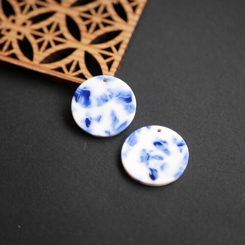 X2 pendentif rond en acrylique effet marbré bleu et blanc, breloque style porcelaine abstraite, pour création de boucles d'oreilles, 25mm