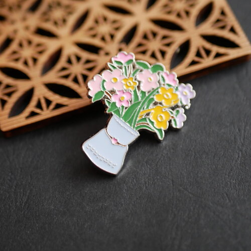 Pin's bouquet de fleurs en émail jaune rose et doré, broche à fleurs en émail, pins en émail bleu, 34x44mm