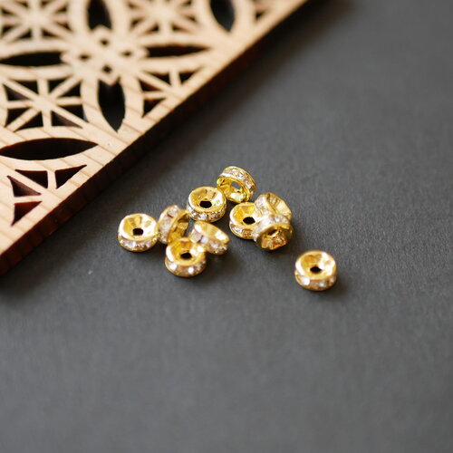 X10 perles rondelles doré et strass en verre transparent, 2x6mm, perles intercalaires en métal doré