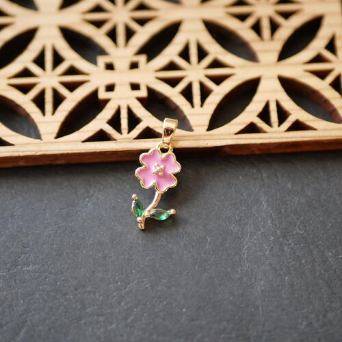 Breloque fleur en émail rose et strass vert, pendentif fleur en acier inoxydable 304 et émail, breloque fleur doré et rose, 9x18mm