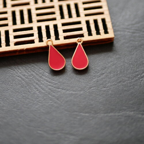 X2 breloque en émail rouge, mini goutte doré, goutte en laiton émaillée, 8x16mm