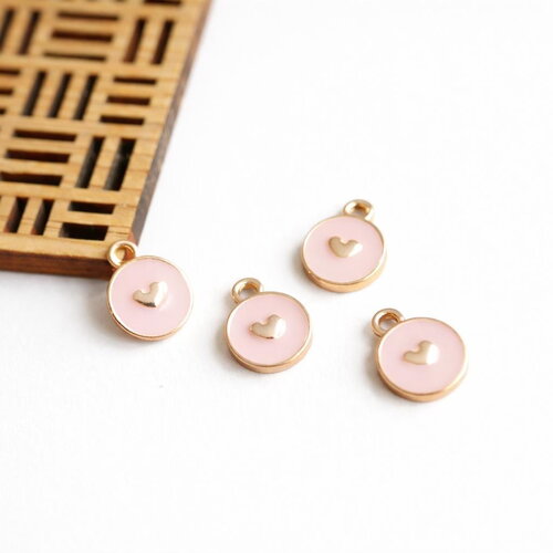 Pendentif rond émaillé rose avec coeur doré. 10x13mm. breloque en émail rose et doré. breloque chic pour bijoux diy, 4 pcs