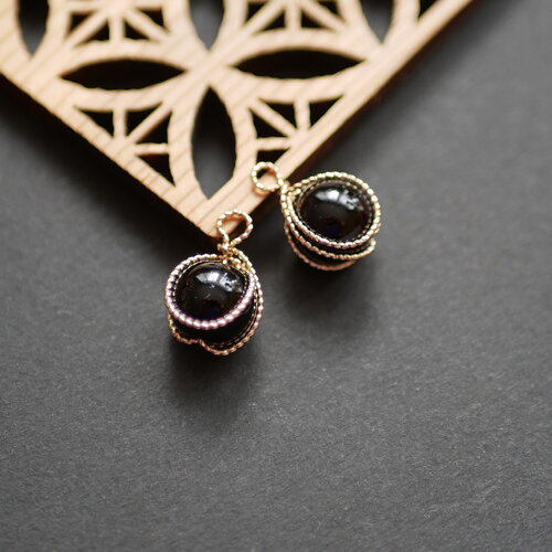 2 breloques petites perles rondes doré et en verre noir pour bracelet, breloques grelots zen, grelot chapelet noir, 12x16mm