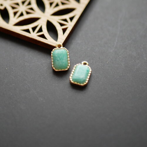 X2 breloque rectangle en pierre de gemme, aventurine verte et laiton doré, 9x15mm. bijoux diy, création artisanale