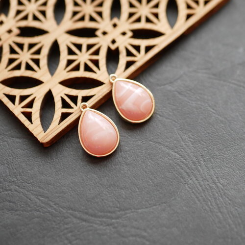 X2 pendentif goutte en acrylique rose et doré, breloque cabochon serti doré, 13x20mm