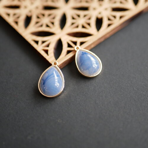 X2 pendentif goutte en acrylique bleu et doré, breloque cabochon serti doré, 13x20mm