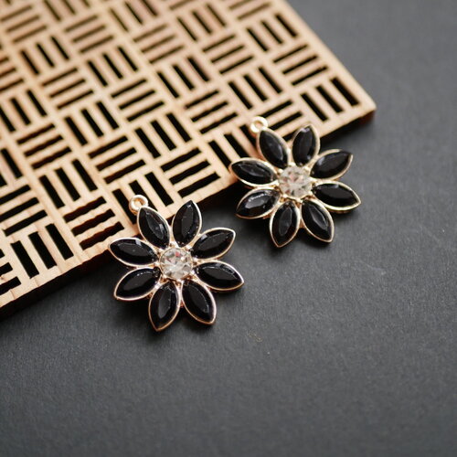 2 breloques en forme de grande fleur marguerite strass noir et doré , fourniture pour bijoux, breloque fleur vintage,27x30mm