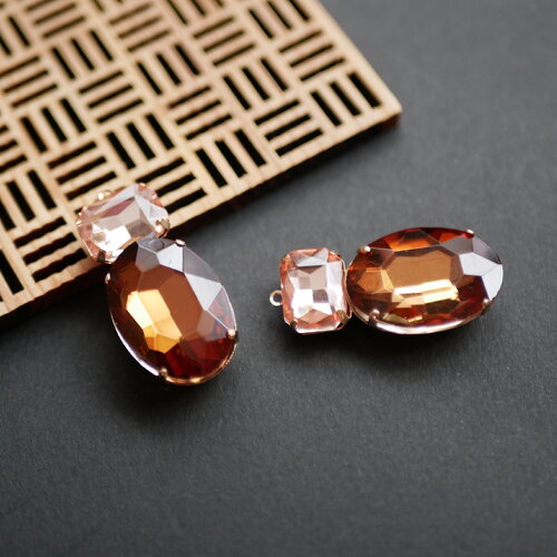 X2 pendentif cabochon facetté rose poudré et marron ambre et doré , fourniture pour bijoux, breloque strass vintage, 18x38mm