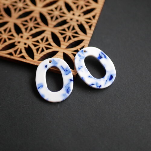 X2 pendentif ovale en acrylique effet marbré bleu et blanc, breloque style porcelaine abstraite, pour création de boucles d'oreilles,25x33mm