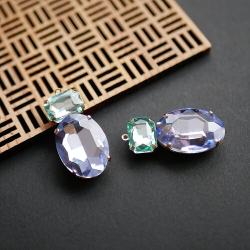 2 pendentifs cabochon facetté bleu lavande et vert d’eau et doré , fourniture pour bijoux, breloque strass vintage, 18x38mm