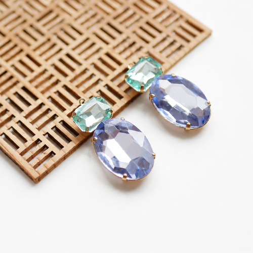 2 pendentifs cabochon facetté bleu lavande et vert d’eau et doré , fourniture pour bijoux, breloque strass vintage, 18x38mm