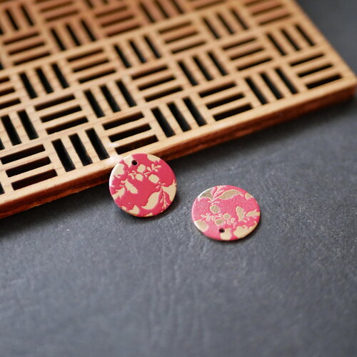 X2 pendentif rond doré et rouge à fleur, boucles d'oreilles ronde, breloque sequin doré ,14mm, zinc