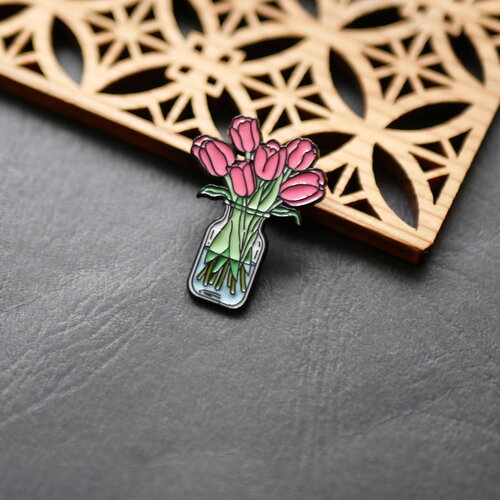 Pin's bouquet de tulipes dans un vase en émail rose, broche à fleurs en émail, pins en émail tulipe rose, 23x30mm