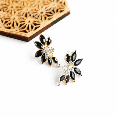 Apprêts boucles d’oreilles fleur en verre strass noir doré 17x30 mm