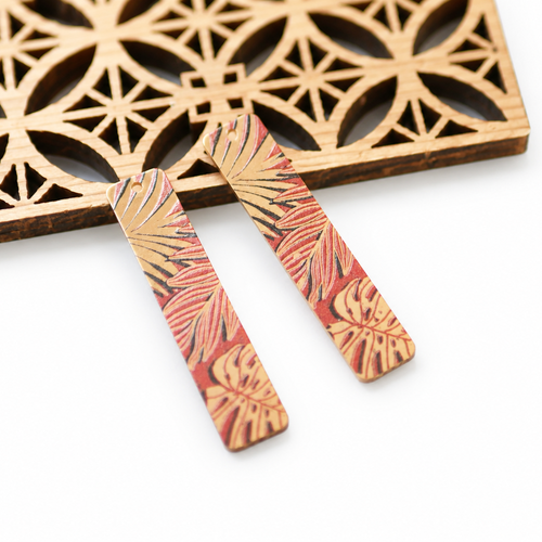 X2 pendentif rectangle marron rouille et doré imprimé fleurs, 9x44mm